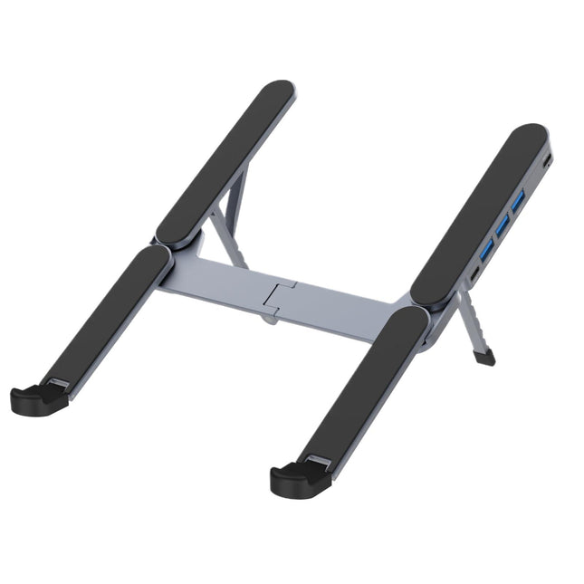 Adjustable Laptop Stand with USB Hub – Aluminum Foldable Riser for Home Office, Gaming, Travel & Business Use, Ergonomic Cooling Desk Mount (Black).
