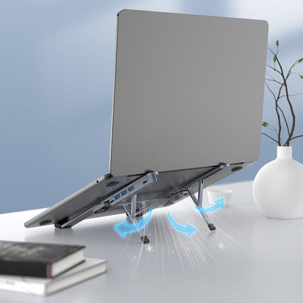 Adjustable Laptop Stand with USB Hub – Aluminum Foldable Riser for Home Office, Gaming, Travel & Business Use, Ergonomic Cooling Desk Mount (Black).