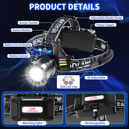 Bright LED Headlamp with Digital Display & Motion Sensor – Rechargeable 3500 Lumens Flashlight for Camping, Hiking, Fishing, and Night Running (Black).