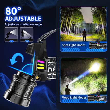 Bright LED Headlamp with Digital Display & Motion Sensor – Rechargeable 3500 Lumens Flashlight for Camping, Hiking, Fishing, and Night Running (Black).