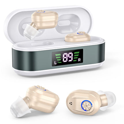 Rechargeable In-the-Ear Hearing Aids with Charging Case and LCD Display – Ultra-Compact Sound Amplifier for Seniors (White & Green Case, Skin Tone Device).