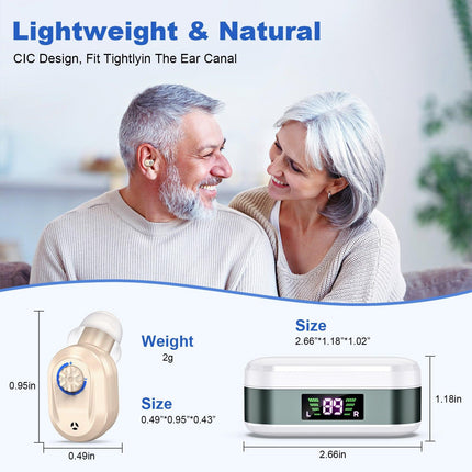 Rechargeable In-the-Ear Hearing Aids with Charging Case and LCD Display – Ultra-Compact Sound Amplifier for Seniors (White & Green Case, Skin Tone Device).