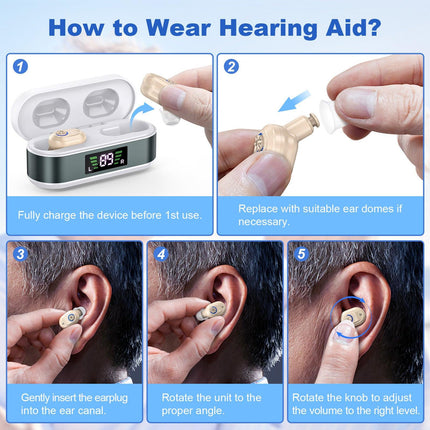 Rechargeable In-the-Ear Hearing Aids with Charging Case and LCD Display – Ultra-Compact Sound Amplifier for Seniors (White & Green Case, Skin Tone Device).