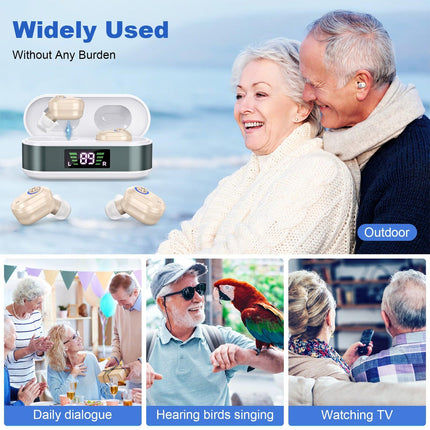 Rechargeable In-the-Ear Hearing Aids with Charging Case and LCD Display – Ultra-Compact Sound Amplifier for Seniors (White & Green Case, Skin Tone Device).