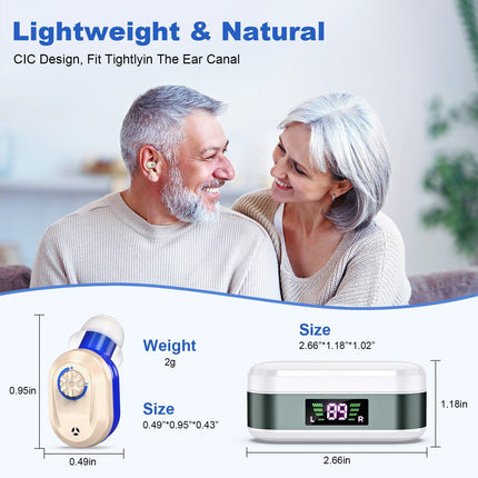 Rechargeable In-the-Ear Hearing Aids with Charging Case and LCD Display – Ultra-Compact Sound Amplifier for Seniors (White & Green Case, Red & Blue Device).