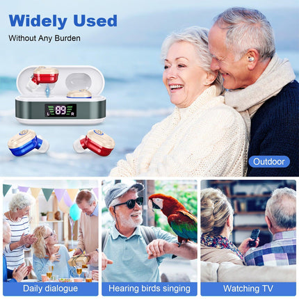 Rechargeable In-the-Ear Hearing Aids with Charging Case and LCD Display – Ultra-Compact Sound Amplifier for Seniors (White & Green Case, Red & Blue Device).