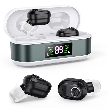 Rechargeable In-the-Ear Hearing Aids with Charging Case and LCD Display – Ultra-Compact Sound Amplifier for Seniors (White & Green Case, Black Device).