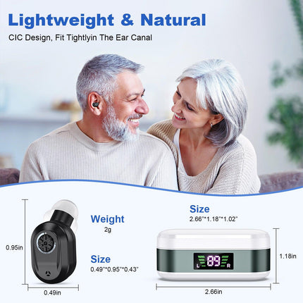 Rechargeable In-the-Ear Hearing Aids with Charging Case and LCD Display – Ultra-Compact Sound Amplifier for Seniors (White & Green Case, Black Device).