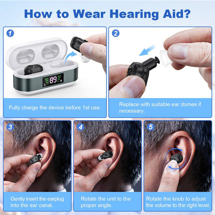 Rechargeable In-the-Ear Hearing Aids with Charging Case and LCD Display – Ultra-Compact Sound Amplifier for Seniors (White & Green Case, Black Device).