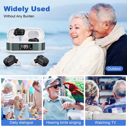 Rechargeable In-the-Ear Hearing Aids with Charging Case and LCD Display – Ultra-Compact Sound Amplifier for Seniors (White & Green Case, Black Device).