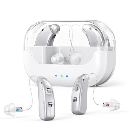 Rechargeable Hearing Amplifier with Charging Case – Compact Sound Enhancer for Daily Use, Noise Reduction & Clear Audio (White & Transparent Case, Silver Tone).