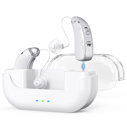 Rechargeable Hearing Amplifier with Charging Case – Compact Sound Enhancer for Daily Use, Noise Reduction & Clear Audio (White & Transparent Case, Silver Tone).
