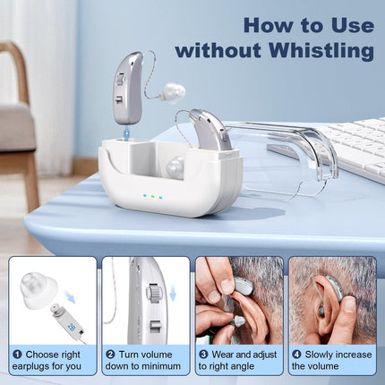 Rechargeable Hearing Amplifier with Charging Case – Compact Sound Enhancer for Daily Use, Noise Reduction & Clear Audio (White & Transparent Case, Silver Tone).