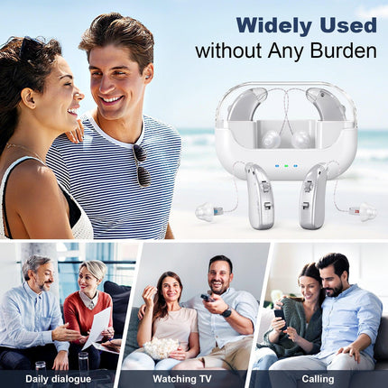Rechargeable Hearing Amplifier with Charging Case – Compact Sound Enhancer for Daily Use, Noise Reduction & Clear Audio (White & Transparent Case, Silver Tone).