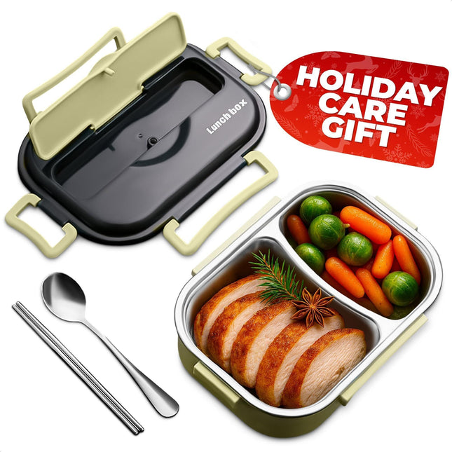 Stainless Steel Bento Lunch Box with Dual Compartments & Utensils – Microwave & Dishwasher Safe for Adults (Green).