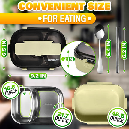 Stainless Steel Bento Lunch Box with Dual Compartments & Utensils – Microwave & Dishwasher Safe for Adults (Green).