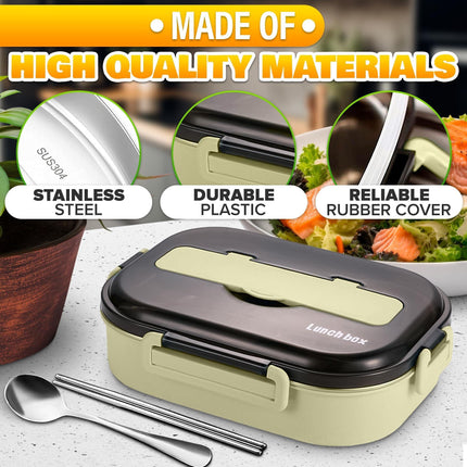 Stainless Steel Bento Lunch Box with Dual Compartments & Utensils – Microwave & Dishwasher Safe for Adults (Green).