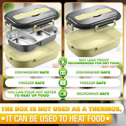 Stainless Steel Bento Lunch Box with Dual Compartments & Utensils – Microwave & Dishwasher Safe for Adults (Green).