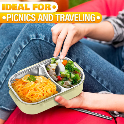 Stainless Steel Bento Lunch Box with Dual Compartments & Utensils – Microwave & Dishwasher Safe for Adults (Green).