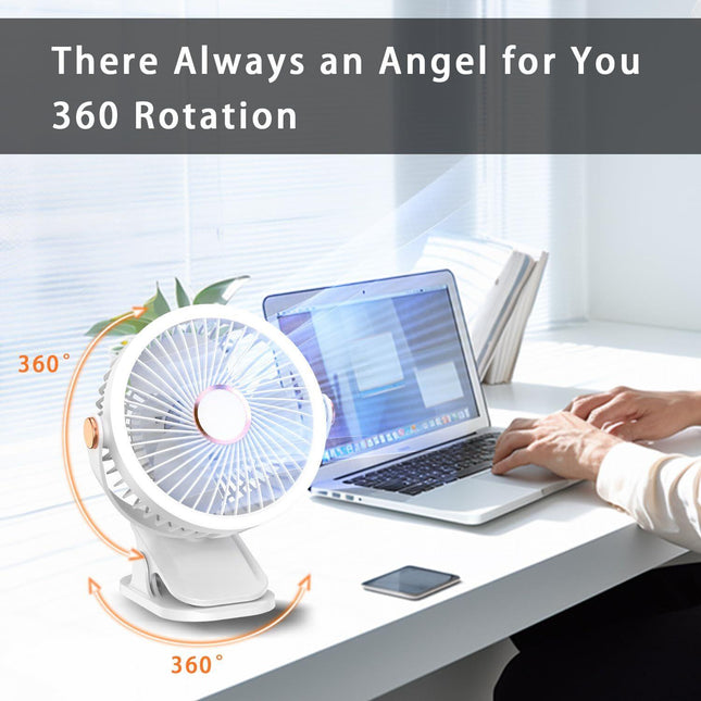 Mini Clip-on Fan with LED Light – USB Rechargeable, 360° Rotatable, 5-Speed Cooling for Desk, Bed, Camping & Travel (White).