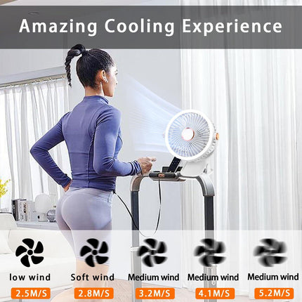 Mini Clip-on Fan with LED Light – USB Rechargeable, 360° Rotatable, 5-Speed Cooling for Desk, Bed, Camping & Travel (White).
