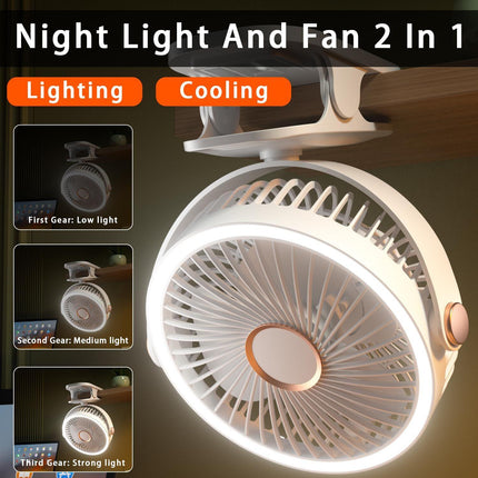 Mini Clip-on Fan with LED Light – USB Rechargeable, 360° Rotatable, 5-Speed Cooling for Desk, Bed, Camping & Travel (White).
