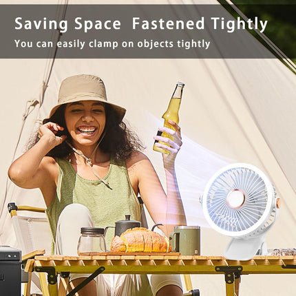 Mini Clip-on Fan with LED Light – USB Rechargeable, 360° Rotatable, 5-Speed Cooling for Desk, Bed, Camping & Travel (White).