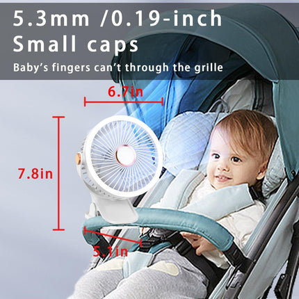 Mini Clip-on Fan with LED Light – USB Rechargeable, 360° Rotatable, 5-Speed Cooling for Desk, Bed, Camping & Travel (White).