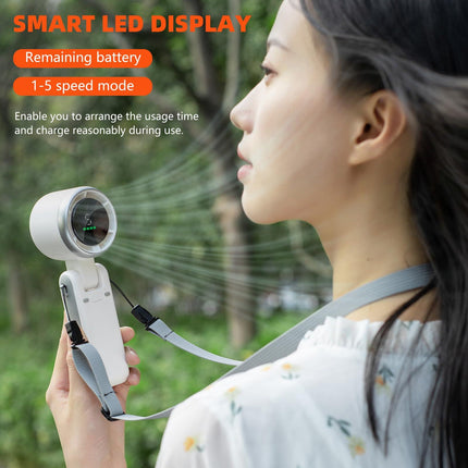 Portable Turbo Handheld Fan with Digital Display – 5-Speed Rechargeable Mini Fan, 3600mAh Battery, Foldable & Neck Strap Design for Outdoor Travel and Daily Use(White).