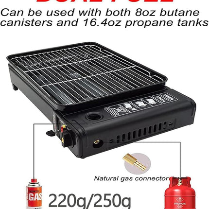 Portable Gas Grill with Removable Grate & Carry Case – Dual Fuel Outdoor Stove for Camping, Backyard BBQs & Beach Picnics (Black).