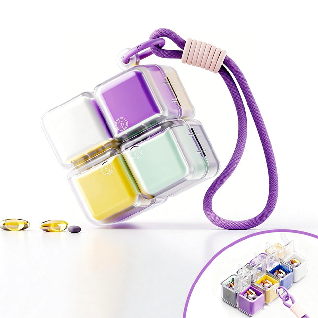 Cube-Shaped Weekly Pill Organizer with Carabiner Clip – 7 Compartment Portable Medicine Case, Airtight & Moisture-Resistant for Daily Vitamins or Emergency Use (Rainbow).