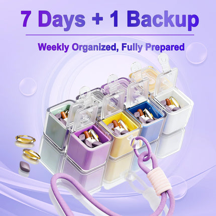 Cube-Shaped Weekly Pill Organizer with Carabiner Clip – 7 Compartment Portable Medicine Case, Airtight & Moisture-Resistant for Daily Vitamins or Emergency Use (Rainbow).