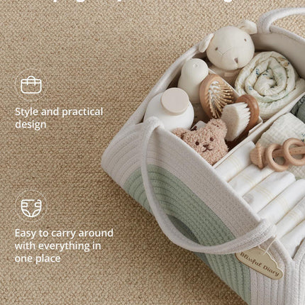 Portable Cotton Rope Diaper Caddy – Large Baby Storage Basket with Removable Dividers and Handles for Nursery, Car, Travel – Stylish Organizing Bin for Newborn Essentials (Mint Rainbow).