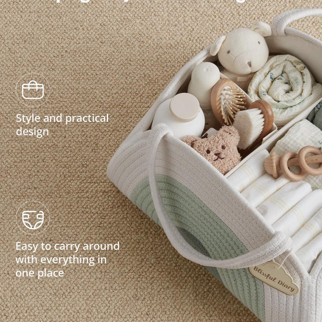 Portable Cotton Rope Diaper Caddy – Large Baby Storage Basket with Removable Dividers and Handles for Nursery, Car, Travel – Stylish Organizing Bin for Newborn Essentials (Mint Rainbow).