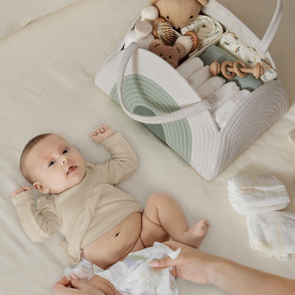 Portable Cotton Rope Diaper Caddy – Large Baby Storage Basket with Removable Dividers and Handles for Nursery, Car, Travel – Stylish Organizing Bin for Newborn Essentials (Mint Rainbow).