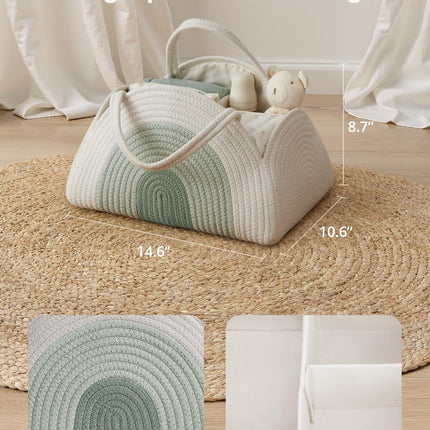 Portable Cotton Rope Diaper Caddy – Large Baby Storage Basket with Removable Dividers and Handles for Nursery, Car, Travel – Stylish Organizing Bin for Newborn Essentials (Mint Rainbow).