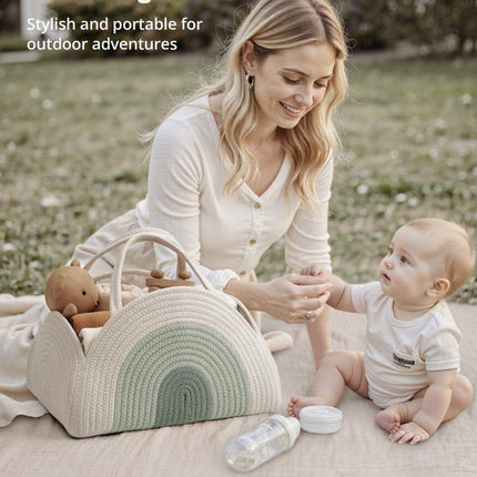 Portable Cotton Rope Diaper Caddy – Large Baby Storage Basket with Removable Dividers and Handles for Nursery, Car, Travel – Stylish Organizing Bin for Newborn Essentials (Mint Rainbow).