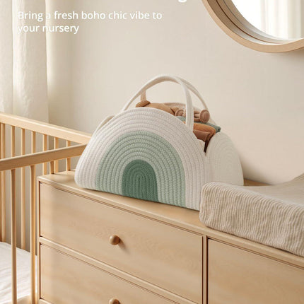 Portable Cotton Rope Diaper Caddy – Large Baby Storage Basket with Removable Dividers and Handles for Nursery, Car, Travel – Stylish Organizing Bin for Newborn Essentials (Mint Rainbow).