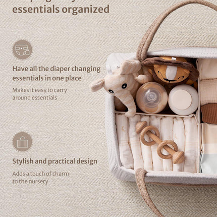 Portable Cotton Rope Diaper Caddy – Large Baby Storage Basket with Removable Dividers and Handles for Nursery, Car, Travel – Stylish Organizing Bin for Newborn Essentials (Earthy Rainbow).