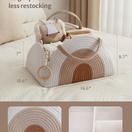 Portable Cotton Rope Diaper Caddy – Large Baby Storage Basket with Removable Dividers and Handles for Nursery, Car, Travel – Stylish Organizing Bin for Newborn Essentials (Earthy Rainbow).