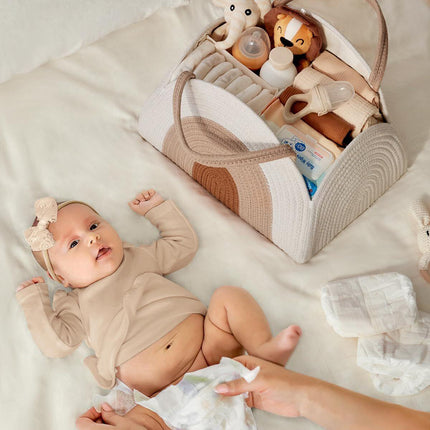 Portable Cotton Rope Diaper Caddy – Large Baby Storage Basket with Removable Dividers and Handles for Nursery, Car, Travel – Stylish Organizing Bin for Newborn Essentials (Earthy Rainbow).