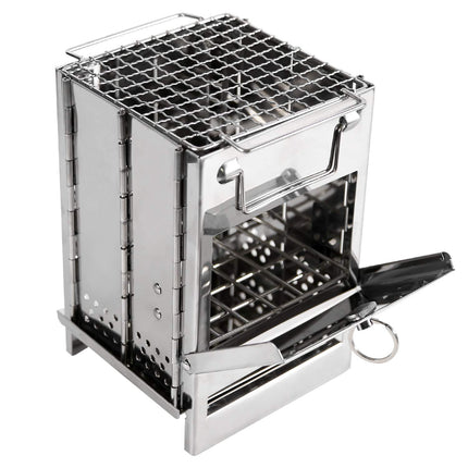 Portable Folding Camping Stove with Grill – Stainless Steel Wood-Burning Fire Pit for Hiking, Backpacking, BBQ & Outdoor Cooking (Silver).