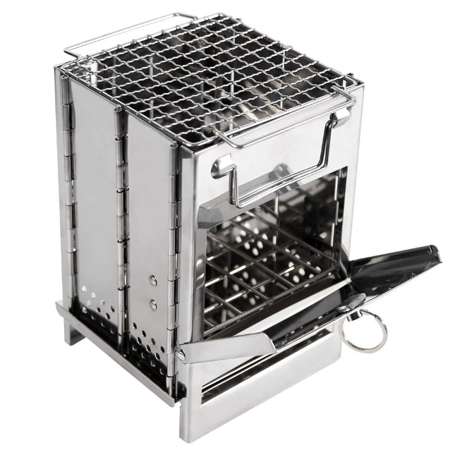 Portable Folding Camping Stove with Grill – Stainless Steel Wood-Burning Fire Pit for Hiking, Backpacking, BBQ & Outdoor Cooking (Silver).