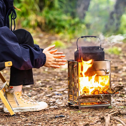 Portable Folding Camping Stove with Grill – Stainless Steel Wood-Burning Fire Pit for Hiking, Backpacking, BBQ & Outdoor Cooking (Silver).