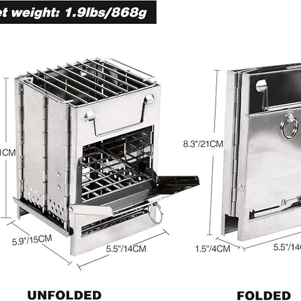 Portable Folding Camping Stove with Grill – Stainless Steel Wood-Burning Fire Pit for Hiking, Backpacking, BBQ & Outdoor Cooking (Silver).
