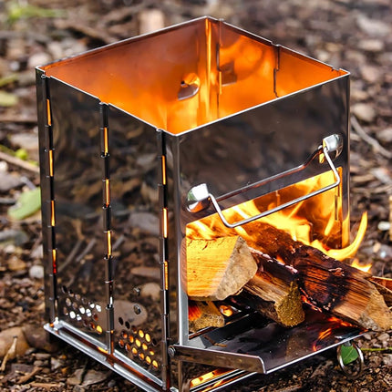 Portable Folding Camping Stove with Grill – Stainless Steel Wood-Burning Fire Pit for Hiking, Backpacking, BBQ & Outdoor Cooking (Silver).