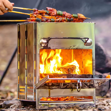 Portable Folding Camping Stove with Grill – Stainless Steel Wood-Burning Fire Pit for Hiking, Backpacking, BBQ & Outdoor Cooking (Silver).