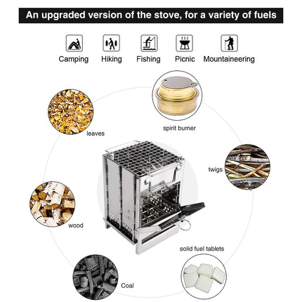 Portable Folding Camping Stove with Grill – Stainless Steel Wood-Burning Fire Pit for Hiking, Backpacking, BBQ & Outdoor Cooking (Silver).