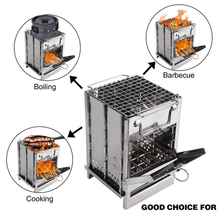 Portable Folding Camping Stove with Grill – Stainless Steel Wood-Burning Fire Pit for Hiking, Backpacking, BBQ & Outdoor Cooking (Silver).