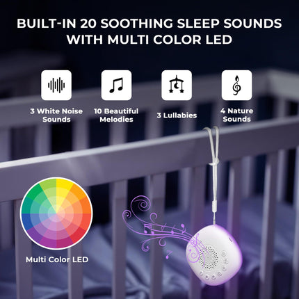 Portable White Noise Machine with 20 Soothing Sounds & RGB LED Night Light – Compact Sleep Sound Device for Babies, Adults & Travel.